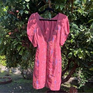 RAVIN pink satin printed contrast stitch puff short sleeve mini dress